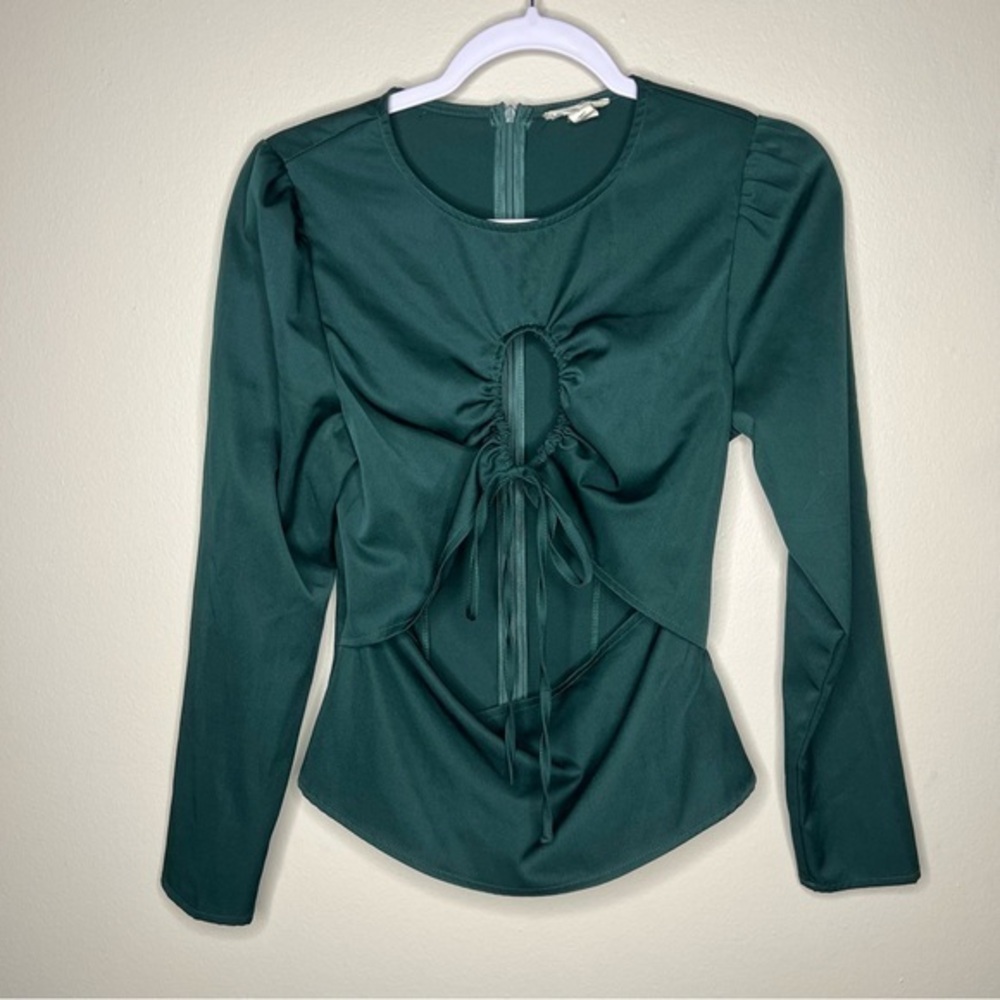 Open Edit‎ Womens Size S Green Satin Cutout Long Sleeve Top